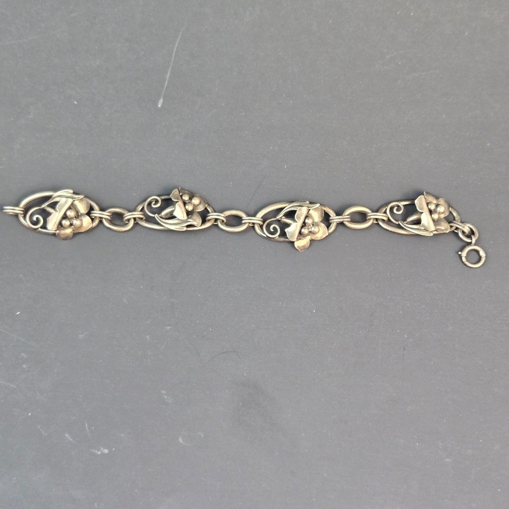 Vintage Sterling Silver Floral Link Bracelet Art Nouveau Style Pat 130141 7in
